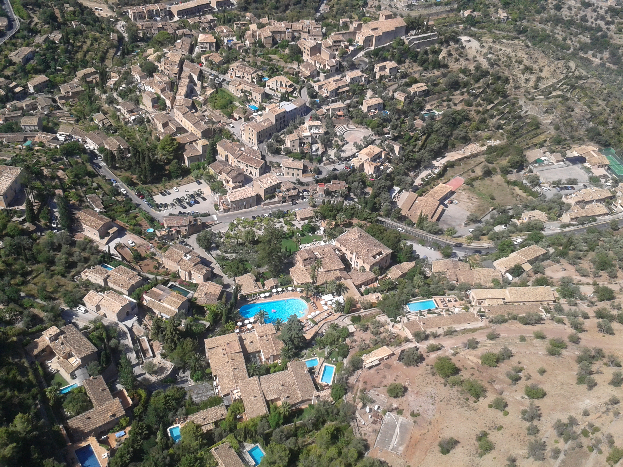 The hilltop town of Deia from the sky