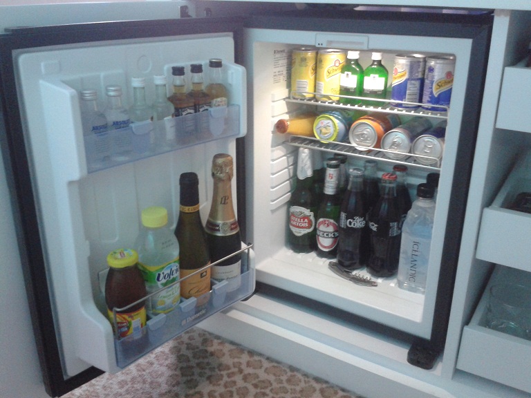 Minibar. Not cheap. But has everything you need include love packages for couples (and chocolate and booze for singles)