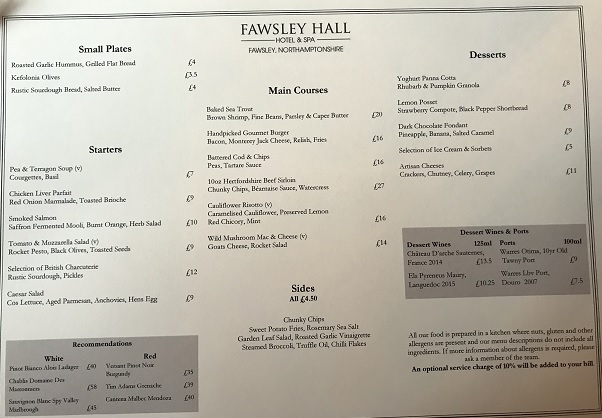 Fawsley Hall menu