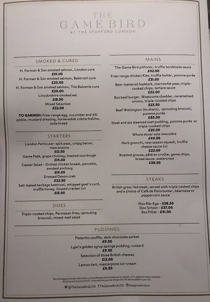 The menu at the Game Bird restaurant at The Stafford London